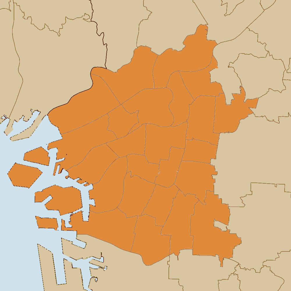 大阪市と隣接する市町の地図。大阪市（24区）をオレンジで表示。